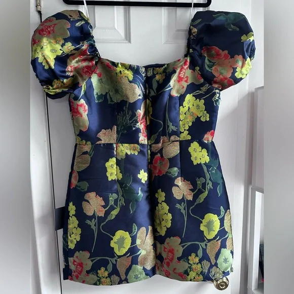 Navy Blue Floral Jacquard Puff Sleeve Mini Dress - Picture 2 of 6